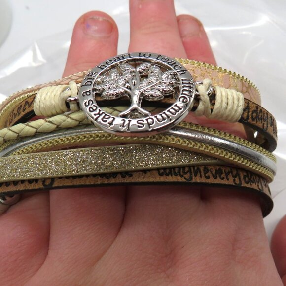 Teacher Bracelet Multi Layered Leather Wrap Beads Inspirational Quote Tree Charm - Picture 14 of 14